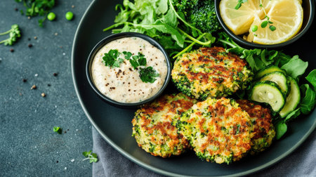 Crispy broccoli and zucchini fritters on a plate, served with fresh greens and a side of vegan dip. A healthy, satisfying vegan meal for any time of the dayの素材