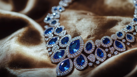 Diamond necklace with stunning blue stones, gracefully displayed on a soft velvet background, with selective focus on the central piece for a refined lookの素材