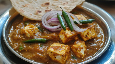 Delicious Kadai Paneer in a rich gravy, served with a side of soft chapati and garnished with sliced onions and green chilies.の素材