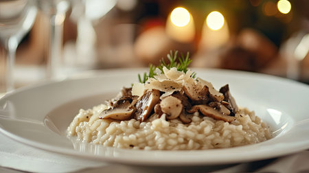 Delicate risotto topped with sautaed mushrooms and shaved truffle, elegantly served on a white plate, representing luxury and fine taste.の素材
