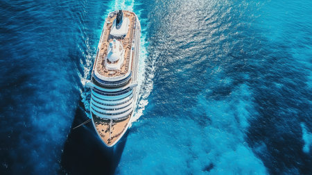 Cruise ship at sea, with crystal blue waters stretching into the horizon and the shipaes decks bustling with vacationersの素材