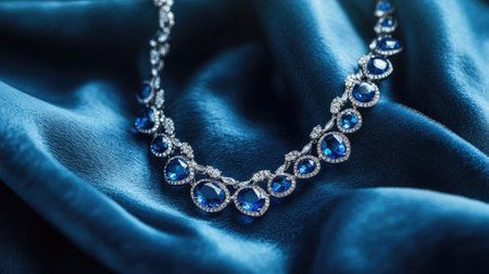 Diamond necklace with striking blue stones, draped on a soft velvet surface, with selective focus on the main gemstone, creating a refined visual impactの素材