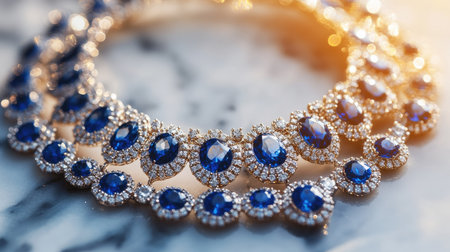 Elegant diamond necklace with deep blue gems, arranged on a marble surface, selective focus drawing the eye to the shimmering stones and their rich colorの素材