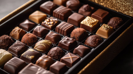 Elegant assortment of gourmet chocolates in a luxurious gift box, displayed with a ribbon. Selective focus on rich textures and glossy surfaces.の素材
