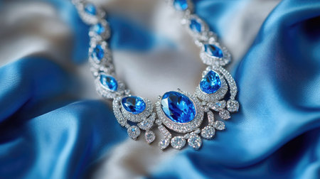 Exquisite diamond necklace with blue gemstones placed elegantly on a silk fabric, with selective focus emphasizing the luxurious design and sparkleの素材