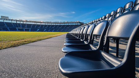 Empty rows of stadium seats in an outdoor arena, awaiting fans for a football or soccer game under clear skies.の素材