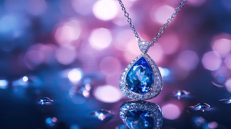Elegant blue gemstone diamond necklace displayed on a reflective surface, selective focus on the central gem, creating a luxurious and captivating effectの素材