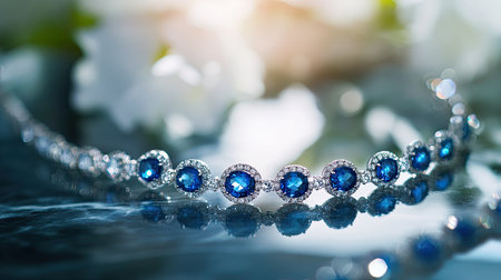 Elegant blue gemstone diamond necklace resting on a reflective marble surface, with selective focus bringing out the brilliance of each gemstoneの素材