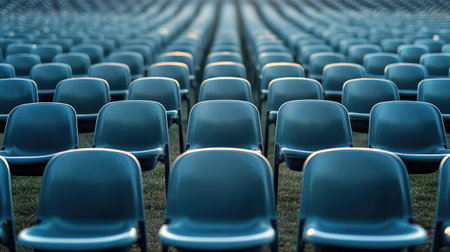 Empty rows of plastic stadium chairs in an outdoor sports arena, ready to host fans for a football match or concert.の素材