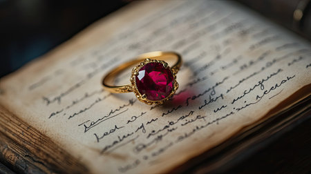Elegant ruby ring placed on an open book with delicate handwriting, creating a timeless contrast between precious jewels and historical documentsの素材