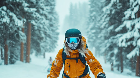 Female athlete in helmet and mask snowboarding through fresh snow on a tree-lined slope, with the snowy trees creating a picturesque winter scene.の素材