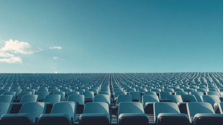 Empty rows of stadium seats in an outdoor arena, awaiting fans for a football or soccer game under clear skies.の素材