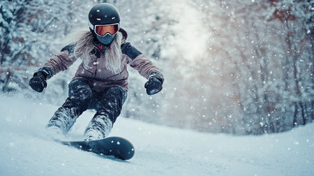 Female athlete in helmet and mask snowboarding through fresh snow on a tree-lined slope, with the snowy trees creating a picturesque winter scene.の素材