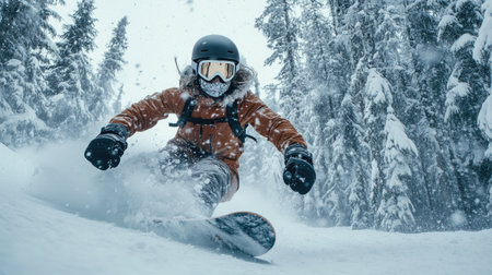 Female snowboarder wearing a helmet and mask carving down a snowy slope, surrounded by tall, snow-covered trees. The perfect mix of speed and winter beauty.の素材