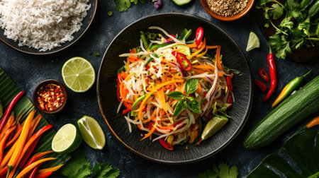 Flat lay of a colorful plate of papaya salad, garnished with chilies and lime, served alongside sticky rice and fresh vegetables.の素材