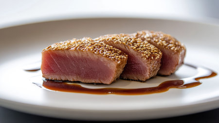 Fine dining presentation on a white plate: perfectly seared tuna, served with a sesame crust and a drizzle of soy reduction, with a modern minimalist backdrop.の素材