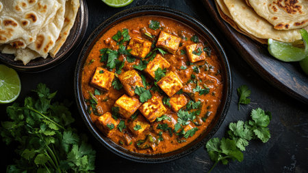 Flat lay of Kadai Paneer, garnished with coriander, served with golden lachcha parantha and fresh lime wedges on the side.の素材