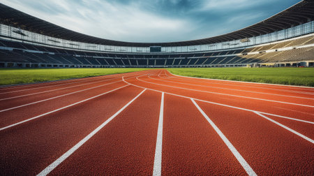 Football field surrounded by a circular running track, the lanes highlighted in red, with an expansive stadium in the background.の素材