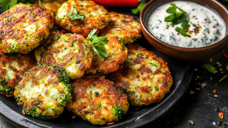 Golden, crunchy broccoli and zucchini fritters served with fresh herbs and a vegan dip. A wholesome, plant-based meal that offers both nutrition and flavorの素材