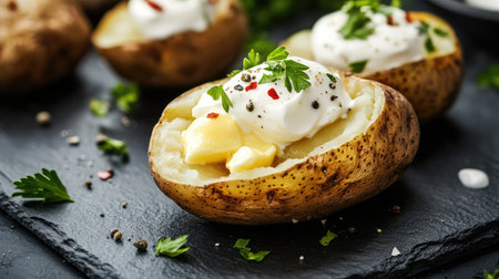 Freshly baked potato on a black slate plate, cut open to reveal a soft, fluffy inside, oozing with butter, and generously covered with sour cream and herbsの素材