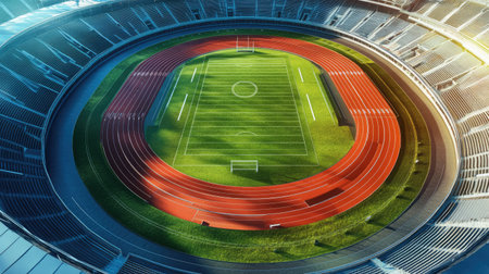 Football field surrounded by a circular running track, the lanes highlighted in red, with an expansive stadium in the background.の素材