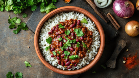 Flat lay of Rajma red bean masala with rice in a clay bowl, surrounded by spices, onions, and fresh cilantro on a rustic concrete table. A hearty North Indian meal.の素材
