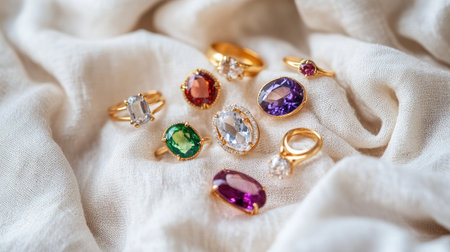 Flat lay of gem jewelry including rings and pendants with bright stones, placed on a soft fabric and white background. Vibrant colors stand out.の素材