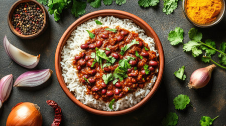 Flat lay of Rajma red bean masala with rice in a clay bowl, surrounded by spices, onions, and fresh cilantro on a rustic concrete table. A hearty North Indian meal.の素材