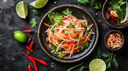 Flat lay of traditional Thai papaya salad, surrounded by fresh chilies, lime, and herbs, served on a rustic plate in an authentic Thai restaurant setting.の素材