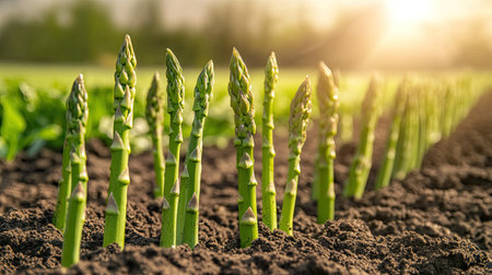 Fresh green asparagus stalks growing in neat rows, the young shoots pushing through the soil under the warmth of the sun.の素材