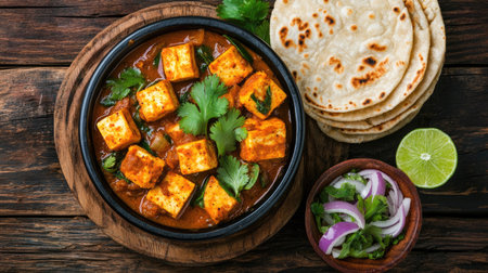 Flat lay of a traditional Kadai Paneer, served with warm chapati, fresh lime, and onion salad, all on a rustic wooden table.の素材