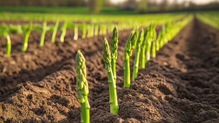 Fresh green asparagus shoots pushing up from the soil in a farm field, the healthy stalks catching sunlight in neat rows.の素材