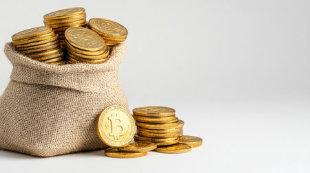 Golden coins stacked high next to an open burlap treasure sack, set against a minimalist white background. Coins gleam in the light.の素材