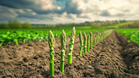 Fresh asparagus shoots growing in a fertile field, their green stems emerging from the earth under a bright sky.の素材