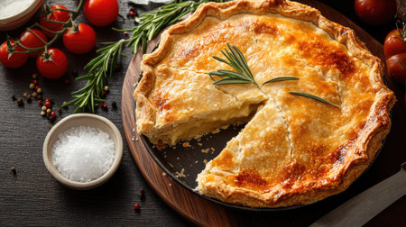 Golden baked savory pie, missing a slice, garnished with rosemary and served with tomatoes, salt, and pepper. A home-cooked meal scene that emphasizes healthy eating and nutritionの素材