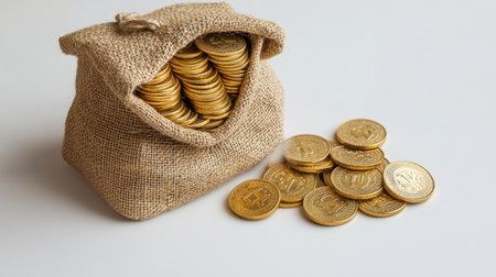 Golden coins stacked high next to an open burlap treasure sack, set against a minimalist white background. Coins gleam in the light.の素材