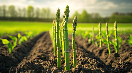 Green asparagus stalks growing in neat rows, the fresh shoots reaching upward from the soil in a sunlit agricultural field.の素材