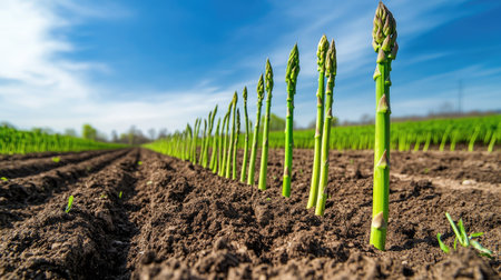 Green asparagus shoots growing tall from the soil, rows of fresh stalks stretching across the field under a clear blue sky.の素材