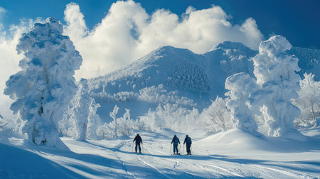 Group of skiers leaving tracks through the majestic snow monsters at Zao Onsen Ski Resort, framed by snow-covered mountains and rime-encrusted trees.の素材