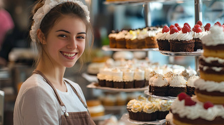 Happy young seller in a cake shop, beaming as she stands next to a display of intricately decorated cakes, creating a lively and welcoming sceneの素材