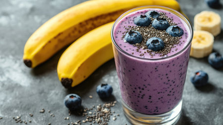 Healthy and delicious smoothie made with blueberries, banana, chia seeds, and yogurt in a glass, placed on a gray concrete background.の素材