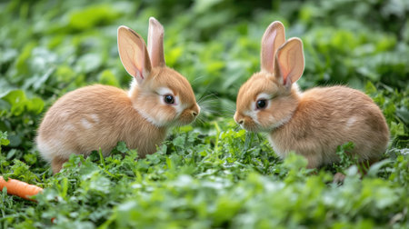 Healthy baby rabbits exploring a lush green garden, munching on carrots and grass. Fluffy and energetic, they are a perfect symbol of Easter celebration.の素材