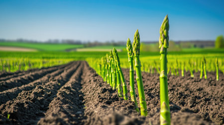 Green asparagus shoots growing tall from the soil, rows of fresh stalks stretching across the field under a clear blue sky.の素材