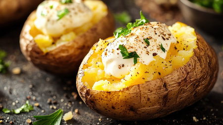 Gourmet-style baked potato split in half, with butter and sour cream melting together, topped with fresh herbs and seasoning, ready for a close-upの素材