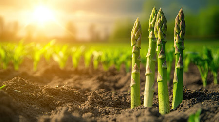 Green asparagus shoots sprouting from the ground in a sunlit farm field, the vibrant green stalks growing straight and tall.の素材