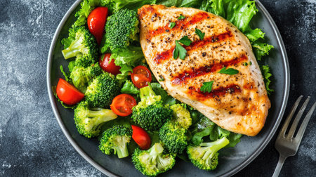 Grilled roast chicken breast served with a fresh salad and steamed broccoli. The dish is a healthy, balanced meal ideal for clean eating and fitness-focused dietsの素材