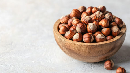 Healthy eating concept featuring raw hazelnuts in a wooden bowl, isolated on a light background, symbolizing natural nutritionの素材
