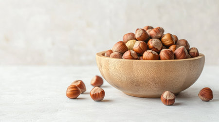 Healthy eating concept featuring raw hazelnuts in a wooden bowl, isolated on a light background, symbolizing natural nutritionの素材