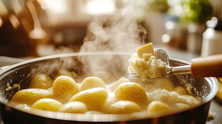 A close-up of boiled potatoes steaming in a pot, a masher poised above, with butter and seasonings on the side, shot in a well-lit, modern kitchenの素材