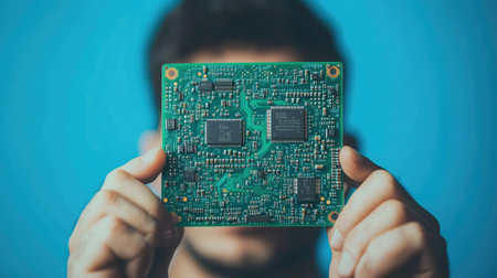 A computer specialist holds a green circuit board, filled with microchips and resistors, against a clean blue background.の素材